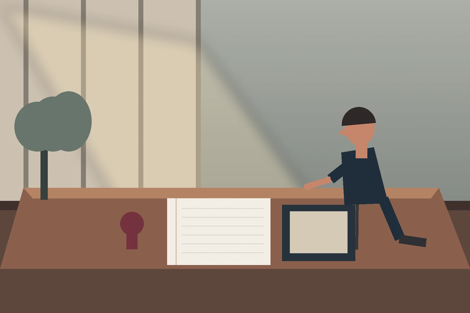 Personne au bord d’une longue table où reposent une feuille lignée, un cadre et un petit arbre